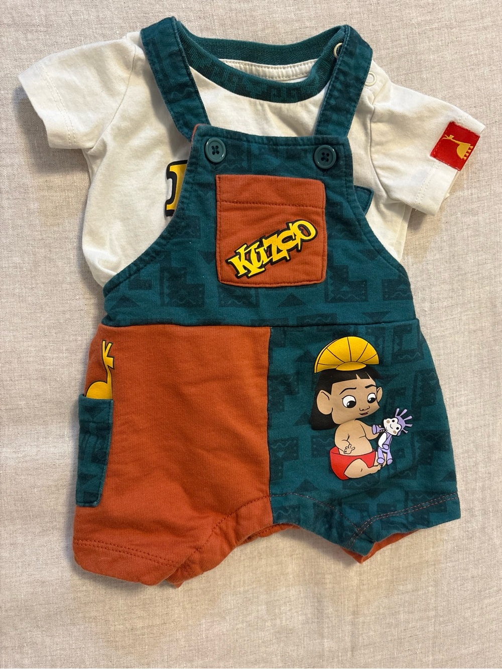 BoxLunch Disney Emperor's New Groove Kuzco Overalls Set Boom Baby Shortalls 3M